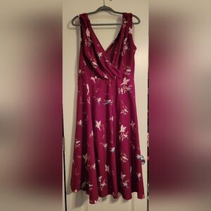 Anmol Plum Burgundy Red Vintage Style Aline Midi Tea Length & With Birds Size 20